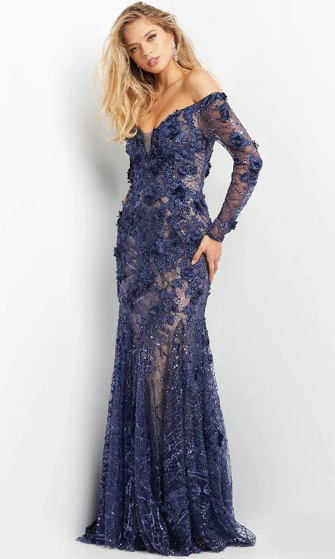 Sleeveless wedding guest dresses with ruffled hemsJovani 06635 - Floral Off Shoulder Evening Gown