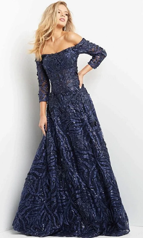 Wedding guest dresses with cold - shoulder designs and solid colorsJovani 06792 - Off-shoulder Straight Across Long Gown