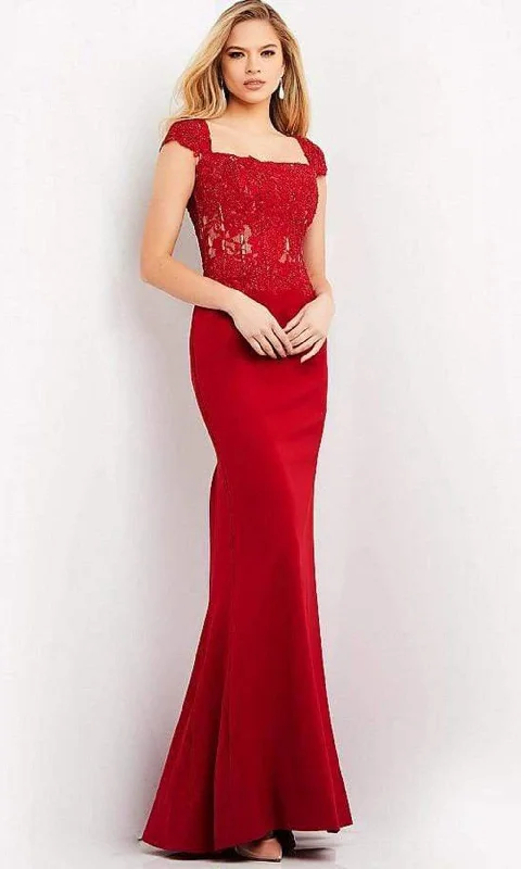 Lace - trimmed wedding guest dresses in blush pinkJovani - 06825 Square Neck Lace Sheath Evening Gown