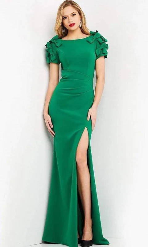 Wedding guest dresses with tiered skirts for a feminine lookJovani - 07011 Bateau Neck Modest Slit Dress