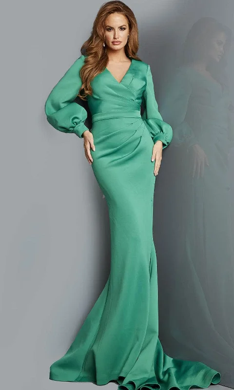 Wedding guest dresses with cold - shoulder ruffled sleeves and knee - length hemsJovani 07047 - V-Neck Bishop Sleeves Evening Gown
