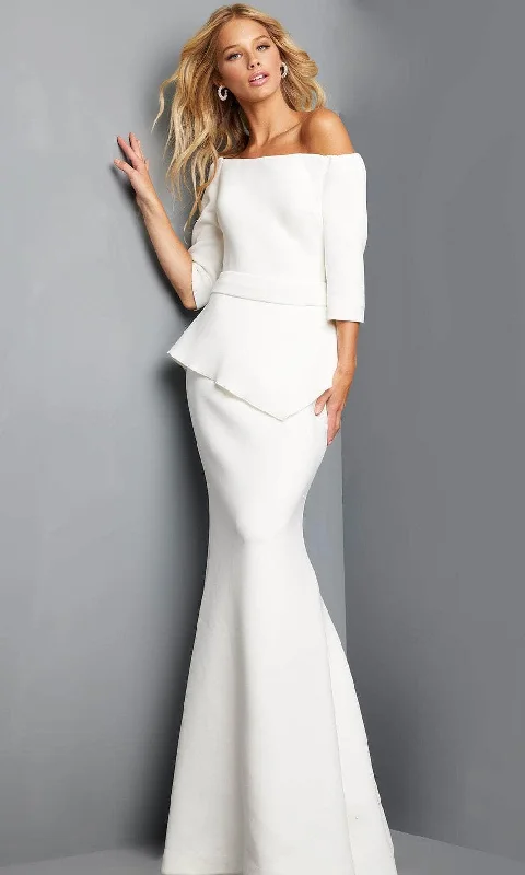 Wedding guest dresses with keyhole backs and flowing fabricsJovani 08201 - Off Shoulder Evening Mother of the Bride Dress
