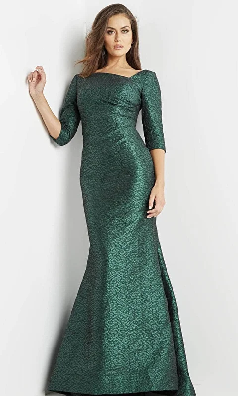 Maxi wedding guest dresses with floral prints for summer weddingsJovani 23270 - Quarter Sleeves Asymmetrical Neckline Evening Dress