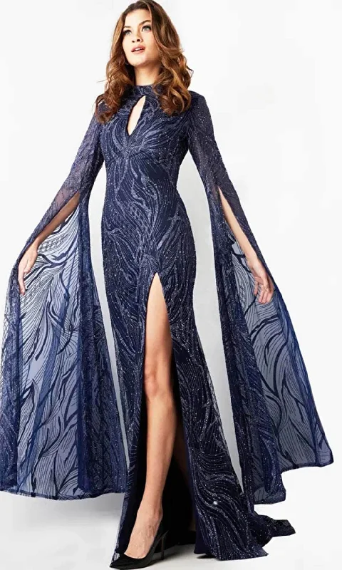 Asymmetric - hem wedding guest dresses in metallic huesJovani 26092 - Embellished Long Sleeve Prom Gown