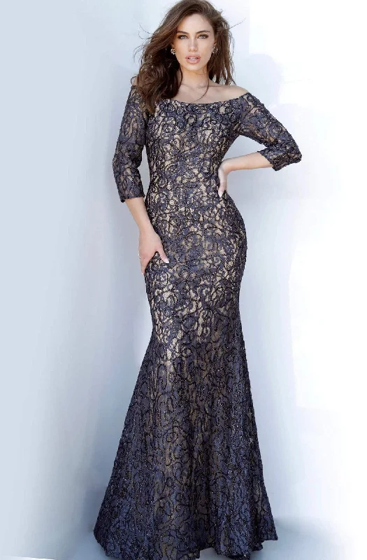 Wedding guest dresses with puff sleeves and knee - length hemsJovani - 2900 Off-Shoulder Beaded Lace Trumpet Dress