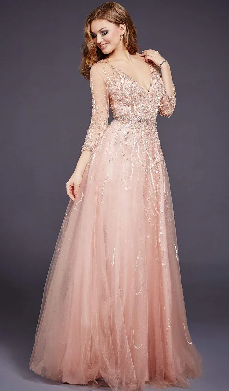 Wedding guest dresses with mesh panels and empire waistsJovani - 29084 Quarter Sleeve Ornate Illusion Tulle Gown