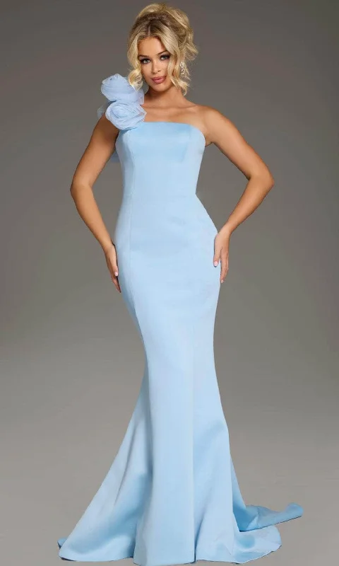 Midi wedding guest dresses in navy blue for a formal affairJovani 40201 - One-Shoulder Rosette Detailed Prom Gown