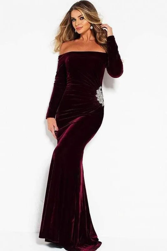 Wedding guest dresses with belted waists and knee - length skirtsJovani 51464 Long Formal Off Shoulder Velvet Dress