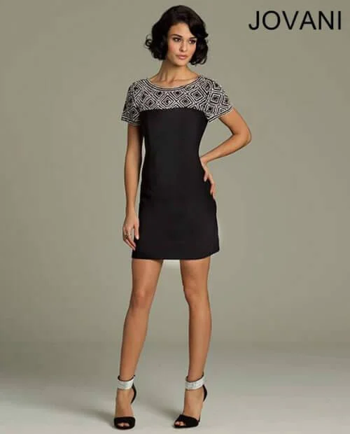 Wedding guest dresses with cut - out details and midi lengthsJovani 92203 Short Sleeve Cocktail Dress
