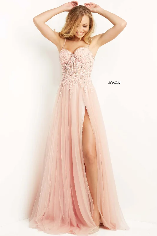 Sheer wedding guest dresses with lace inserts and long sleevesJovani 07259 Prom Sleeveless Long Formal Ball Gown