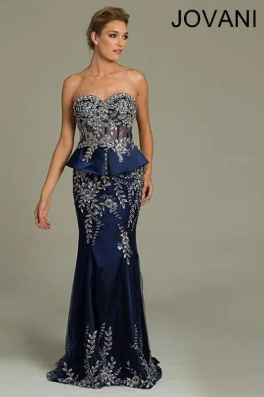 Asymmetric - hem wedding guest dresses in metallic huesJovani 90329 Strapless Floral Long Peplum Prom Dress Asymmetric - hem wedding guest dresses in metallic huesJovani 90329 Strapless Floral Long Peplum Prom Dress