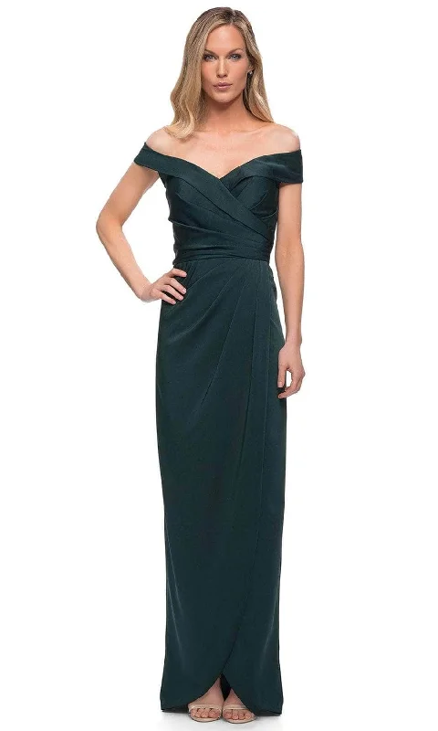 Wedding guest dresses with pom - pom trims for a playful lookLa Femme 25206SC - Off Shoulder Ruched Formal Dress