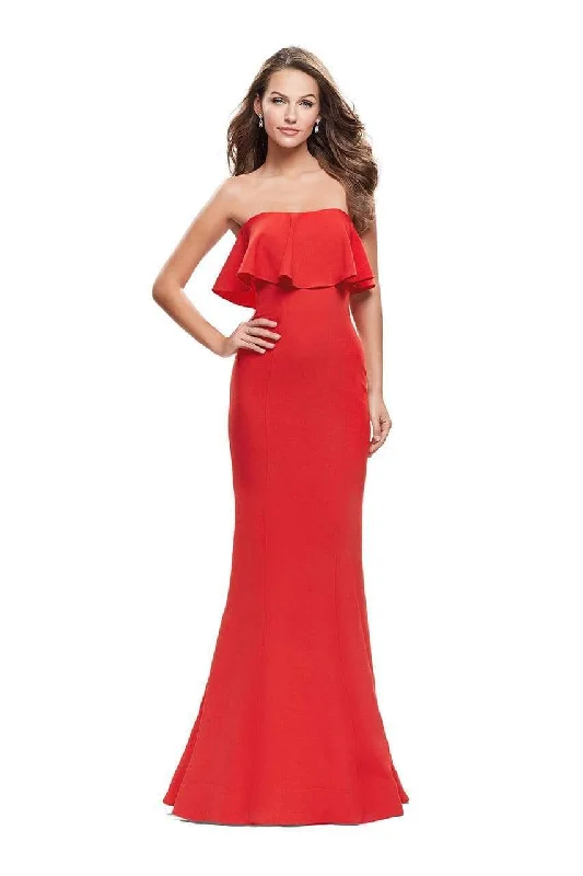 Wedding guest dresses with pom - pom trims for a playful lookLa Femme - 25419 Strapless Fitted Ruffled Mermaid Gown