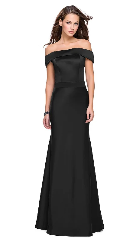 A - line cocktail wedding guest dresses in pastel colorsLa Femme - 25579 Fitted Off Shoulder Trumpet Gown