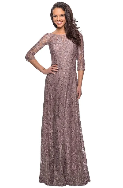 Sheath - style wedding guest dresses with lace overlaysLa Femme 27857SC - Allover Lace A-Line Formal Dress