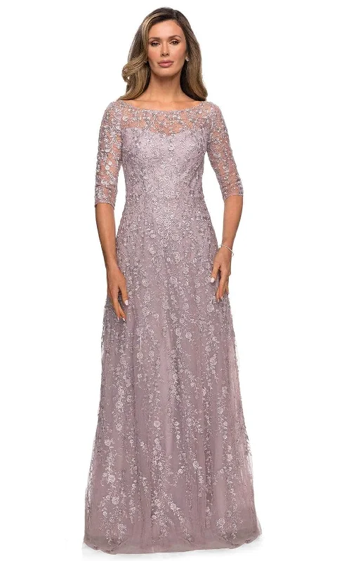 Strapless wedding guest dresses with rhinestone - studded bodicesLa Femme 27981SC - Illusion Bateau Lace Formal Dress