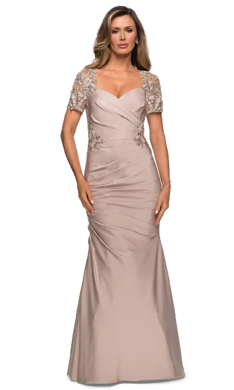 Wedding guest dresses with cut - out details and midi lengthsLa Femme - 27989SC Sheer Lace Sleeve Sweetheart Neck Trumpet Dress