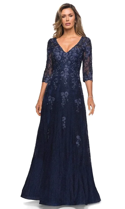 Wedding guest dresses with cold - shoulder designs and solid colorsLa Femme 28000SC - Embroidered A-Line Formal Gown