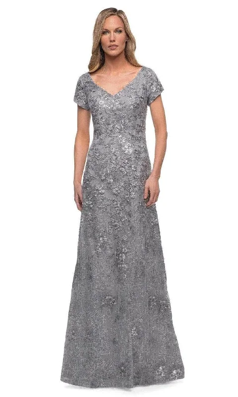 Midi wedding guest dresses in navy blue for a formal affairLa Femme 29291SC - Short Sleeve Embroidered Formal Dress