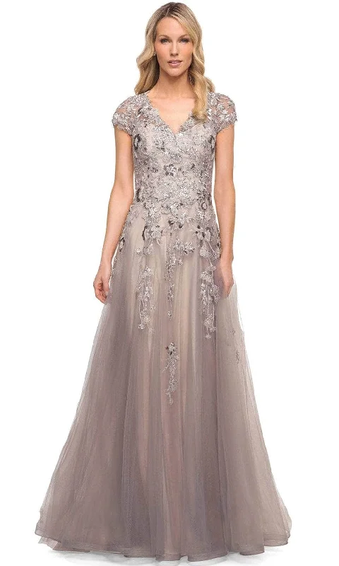 Cotton wedding guest dresses with smocked details for a casual weddingLa Femme 30239SC - Floral Embroidered A-Line Formal Dress