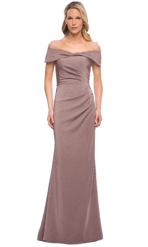 Mini wedding guest dresses with glittery accents for a trendy lookLa Femme 30397SC - Twisted Off Shoulder Formal Dress