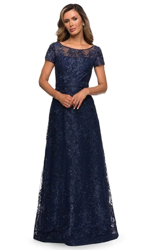 Tea - length wedding guest dresses with polka dot patternsLa Femme - Beaded A-Line Formal Dress 27935SC