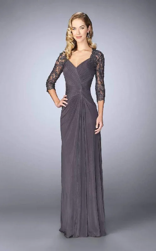 Wedding guest dresses with abstract prints and long trainsLa Femme - Lace Embroidered V-Neck Evening Dress 23244SC