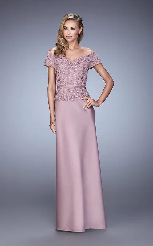 Sheath - style wedding guest dresses with lace overlaysLa Femme Laced Off Shoulder Column Dress 21726SC