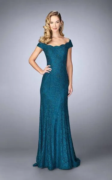 Sleeveless wedding guest dresses with pleated bodicesLa Femme - Off-Shoulder Lace Evening Gown 24928SC