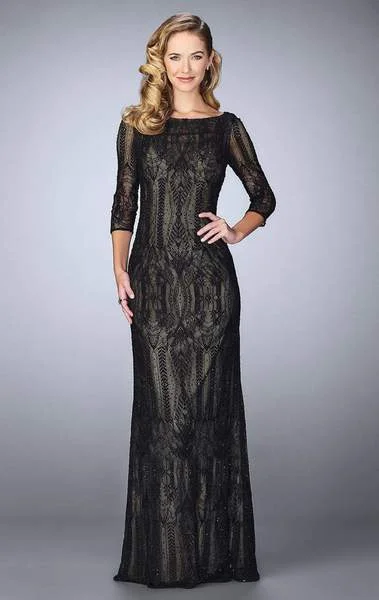 Wedding guest dresses with mesh panels and empire waistsLa Femme - Quarter Sleeve Sheer Lace Evening Gown 24855