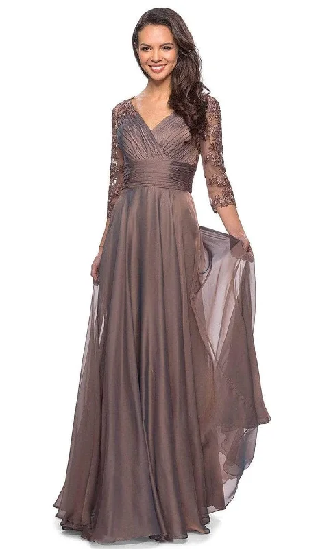 Lace - and - tulle wedding guest dresses with sweetheart necklinesLa Femme - Sheer Lace Quarter Sleeves Empire Waist A-Line Gown 27153SC