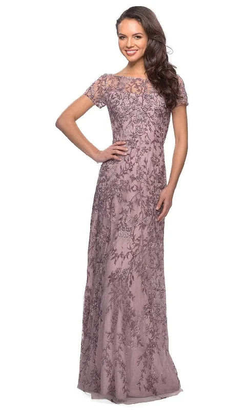 Metallic wedding guest dresses for a glamorous weddingLa Femme - Short Sleeve Embellished Bateau Sheath Dress 27956SC