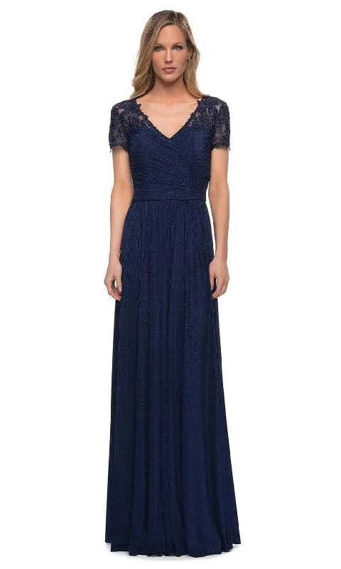 Ruffled - sleeve wedding guest dresses in light blue for a spring weddingLa Femme - V-Neck Ruched Evening Dress 29772SC