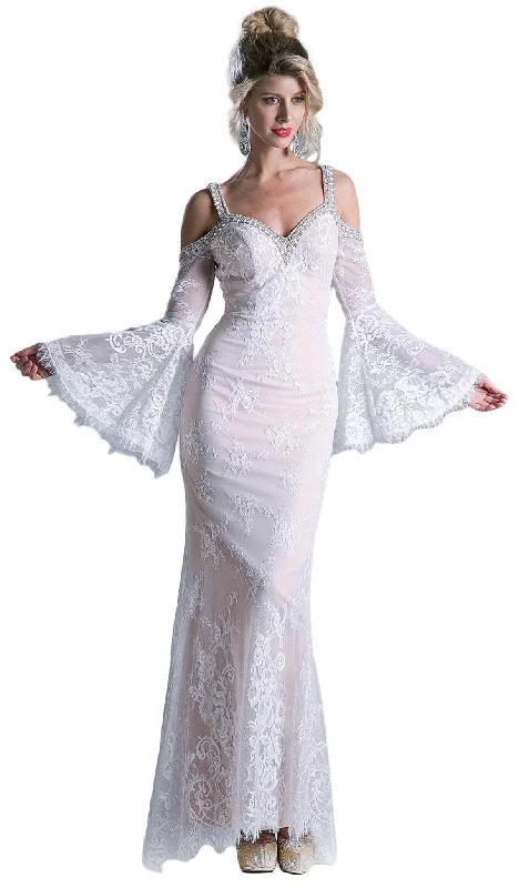 Asymmetric - hem wedding guest dresses in metallic huesLadivine 13112 - Adorned Lace Long Bell Sleeve Sheath Dress