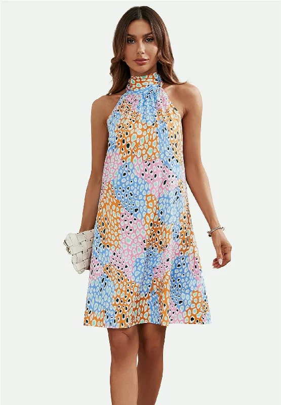 Mini dresses with ruched bodices for a feminine touchLeopard Print Halter Neck Tie Back Mini Dress In Pink & Blue & Yellow Mini dresses with ruched bodices for a feminine touchLeopard Print Halter Neck Tie Back Mini Dress In Pink & Blue & Yellow