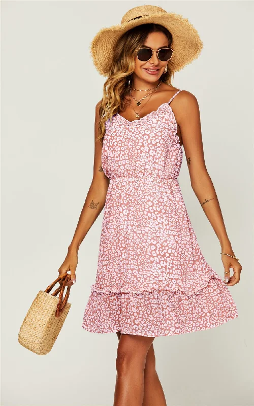 Mini dresses with button - down frontsLeopard Print Hem Frill Detail Wrap Strappy Mini Dress In Pink