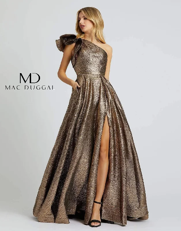 Wedding guest dresses with ruched bodices and spaghetti strapsMac Duggal Long One Shoulder Metallic Prom Ball Gown Sale