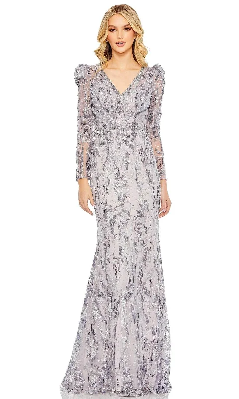 Wedding guest dresses with abstract prints and long trainsMac Duggal 20425 - Embellished V-Neckline Long Sleeve Evening Dress