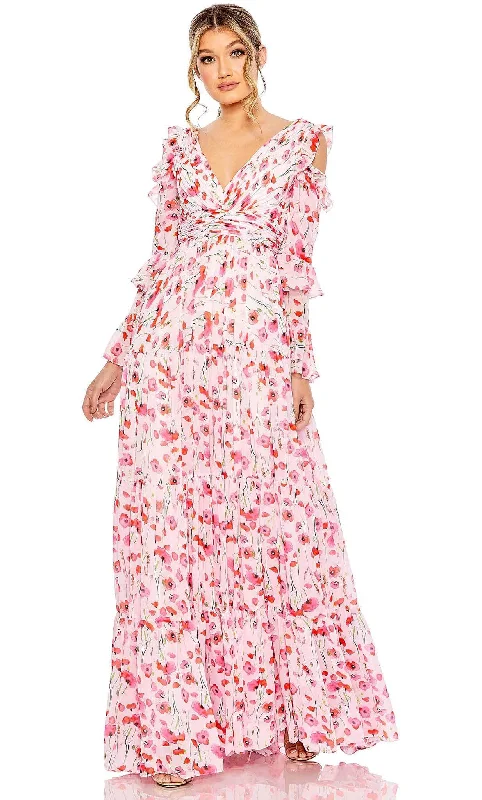One - shoulder wedding guest dresses with beaded detailsMac Duggal 55906 - Floral Print V-Neck Formal Dress