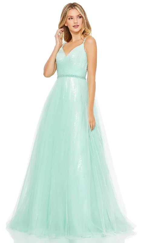 Wedding guest dresses with cold - shoulder ruffled sleeves and knee - length hemsMac Duggal 67565 - Pastel Motif Tulle A-line Gown