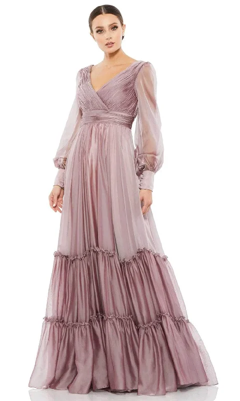 Lace - trimmed wedding guest dresses in blush pinkMac Duggal 678641 - Bishop Sleeve Chiffon Gown