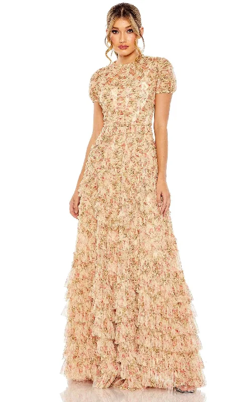 Wedding guest dresses with belted waists and knee - length skirtsMac Duggal 8045 - Floral Short Sleeve Mother of the Groom Gown