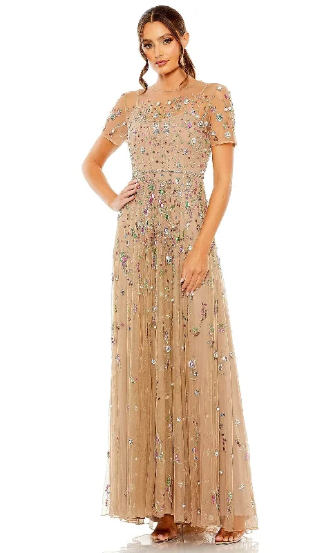Maxi wedding guest dresses with floral prints for summer weddingsMac Duggal 93924 - A-line Stone-Detailed Mesh Gown