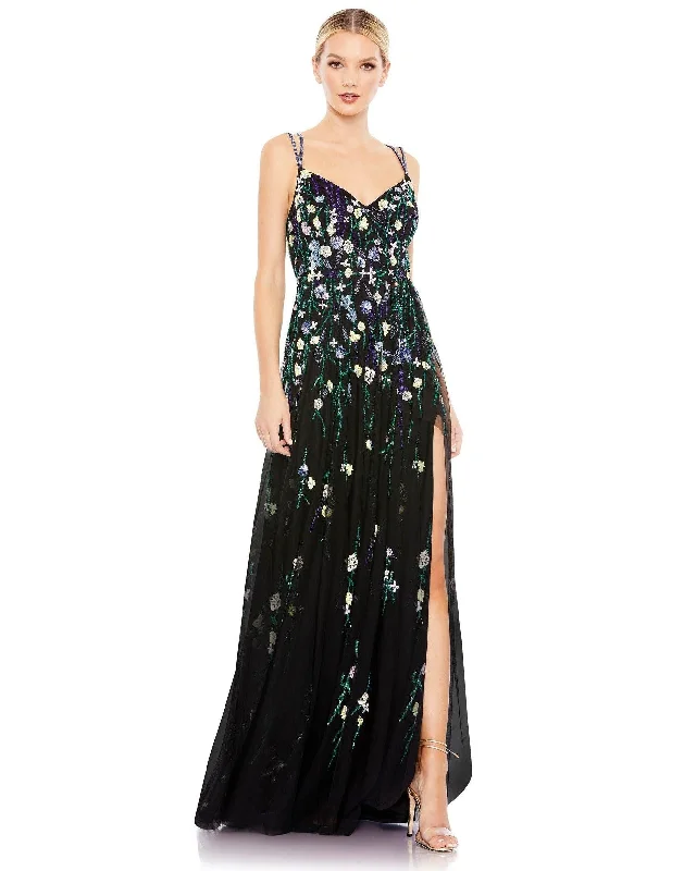 Velvet - trimmed wedding guest dresses in burgundy for a formal eventMac Duggal 9172 Long Formal Floral Evening Dress