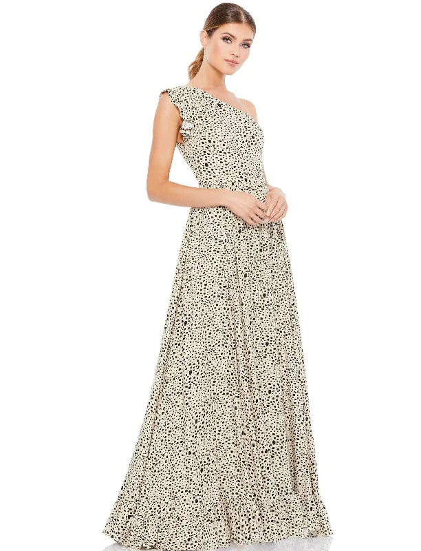 Printed wedding guest dresses with tropical motifs for beach weddingsMac Duggal 26538 Long One Shoulder Formal Dress