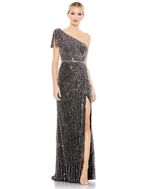 Sheer wedding guest dresses with lace inserts and long sleevesMac Duggal 93735 Long One Shoulder Formal Dress