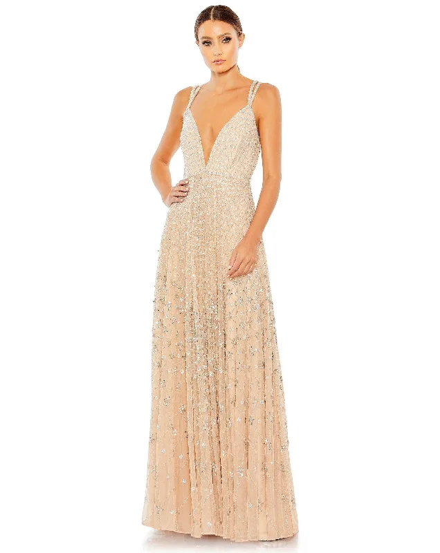Cotton wedding guest dresses with smocked details for a casual weddingMac Duggal 93701 Long Spaghetti Strap Prom Dress