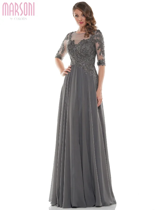 Sheer wedding guest dresses with lace inserts and long sleevesMarsoni by Colors - Embellished Scoop Evening Dress M157