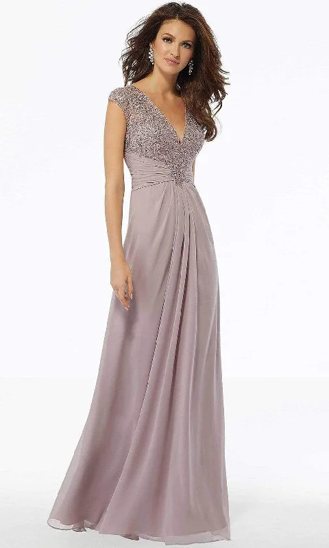 Geometric - printed wedding guest dresses for a modern weddingMGNY By Mori Lee - Beaded Lace Gathered Waist Chiffon Dress 72129SC