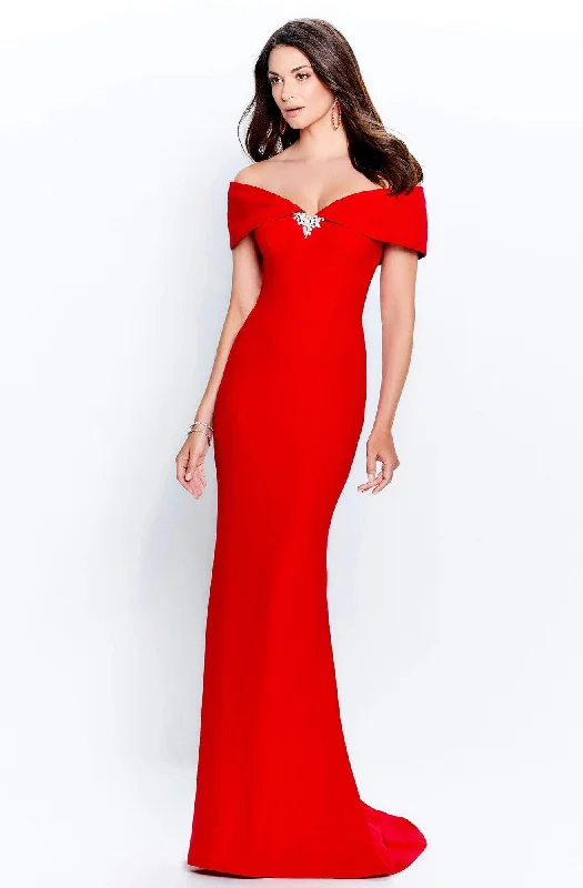 Wedding guest dresses with high - low hems and floral appliquesMontage by Mon Cheri - 120905W Off-Shoulder Sheath Mother of the Groom Dress